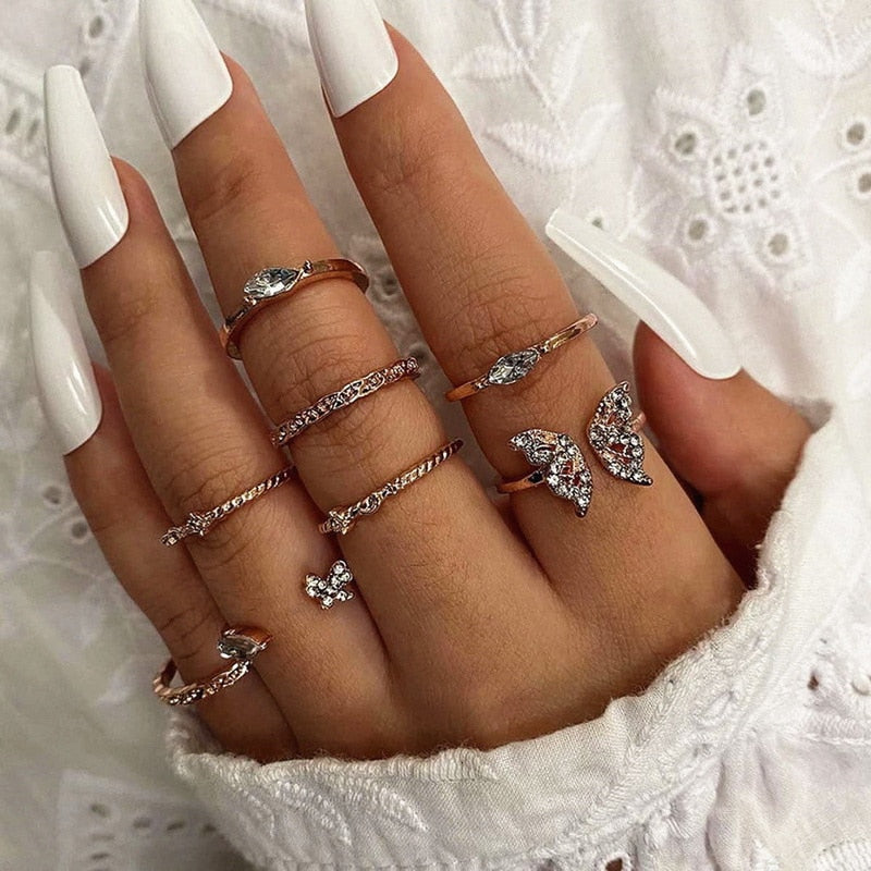 Bohemian Gold Chain Rings Set For Women Fashion Boho Coin Moon Heart Butterfly Rings Party 2022 Trend Jewelry Gift