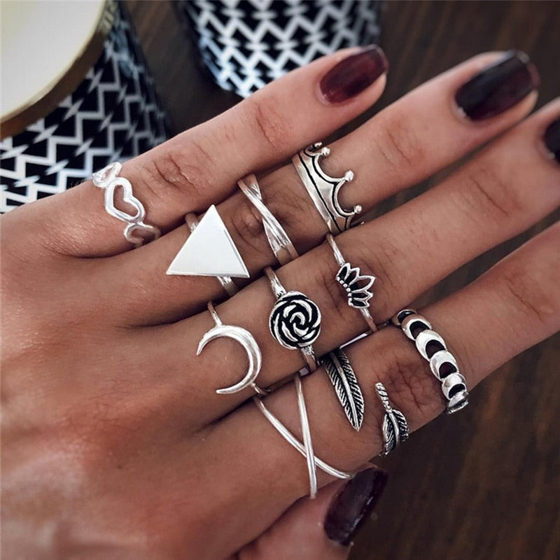 Bohemian Gold Chain Rings Set For Women Fashion Boho Coin Moon Heart Butterfly Rings Party 2022 Trend Jewelry Gift