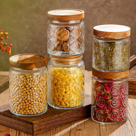 Glass Storage Jar with Lids Kitchen Organization Sealed Container Cereals Tank Food Tea Spice Jar Embossed Storage Glass Bottle