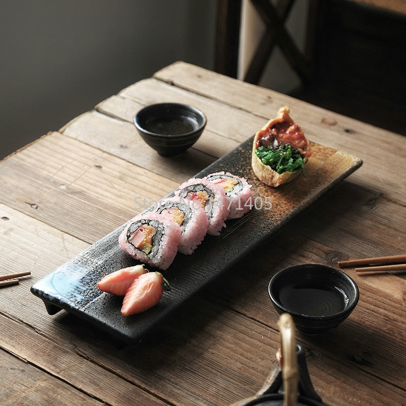 Rectangular Sushi Plate Sashimi Plate Cold Dishes Flat Plate Japanese Ceramic Plate Retro Restaurant Long Plate