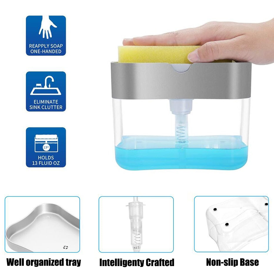 Soap Dispenser with Sponge Holder Cleaning Liquid Pump Dispensers Container Manual Press Home Bathroom Kitchen Clean Accessories