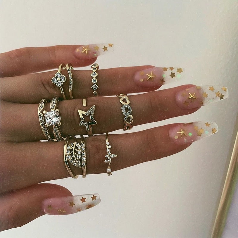 Bohemian Gold Chain Rings Set For Women Fashion Boho Coin Moon Heart Butterfly Rings Party 2022 Trend Jewelry Gift