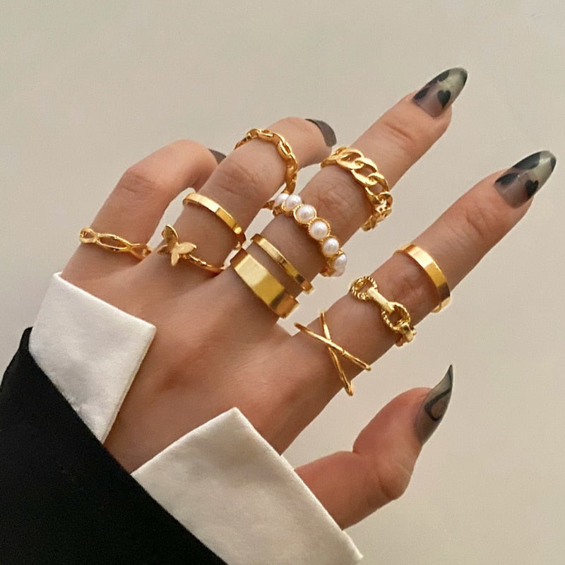 Bohemian Gold Chain Rings Set For Women Fashion Boho Coin Moon Heart Butterfly Rings Party 2022 Trend Jewelry Gift