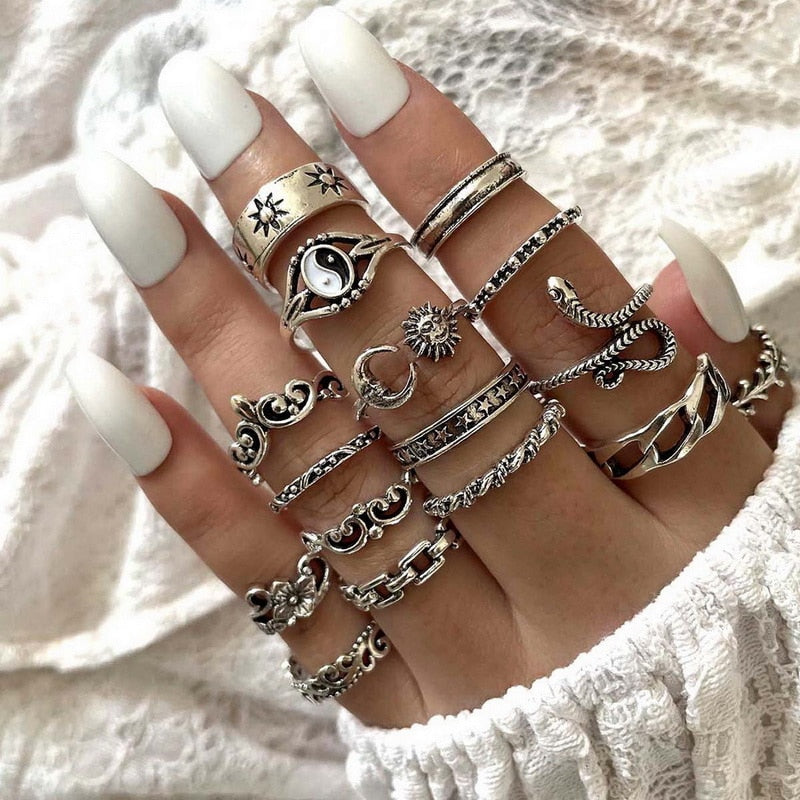 Bohemian Gold Chain Rings Set For Women Fashion Boho Coin Moon Heart Butterfly Rings Party 2022 Trend Jewelry Gift