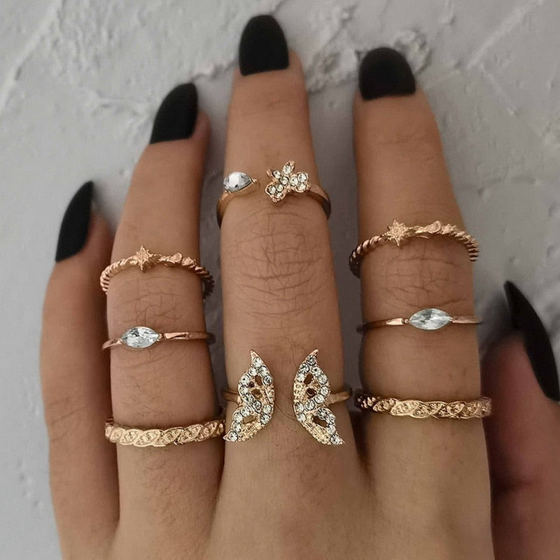 Bohemian Gold Chain Rings Set For Women Fashion Boho Coin Moon Heart Butterfly Rings Party 2022 Trend Jewelry Gift