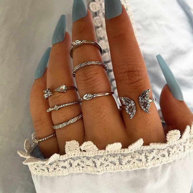 Bohemian Gold Chain Rings Set For Women Fashion Boho Coin Moon Heart Butterfly Rings Party 2022 Trend Jewelry Gift