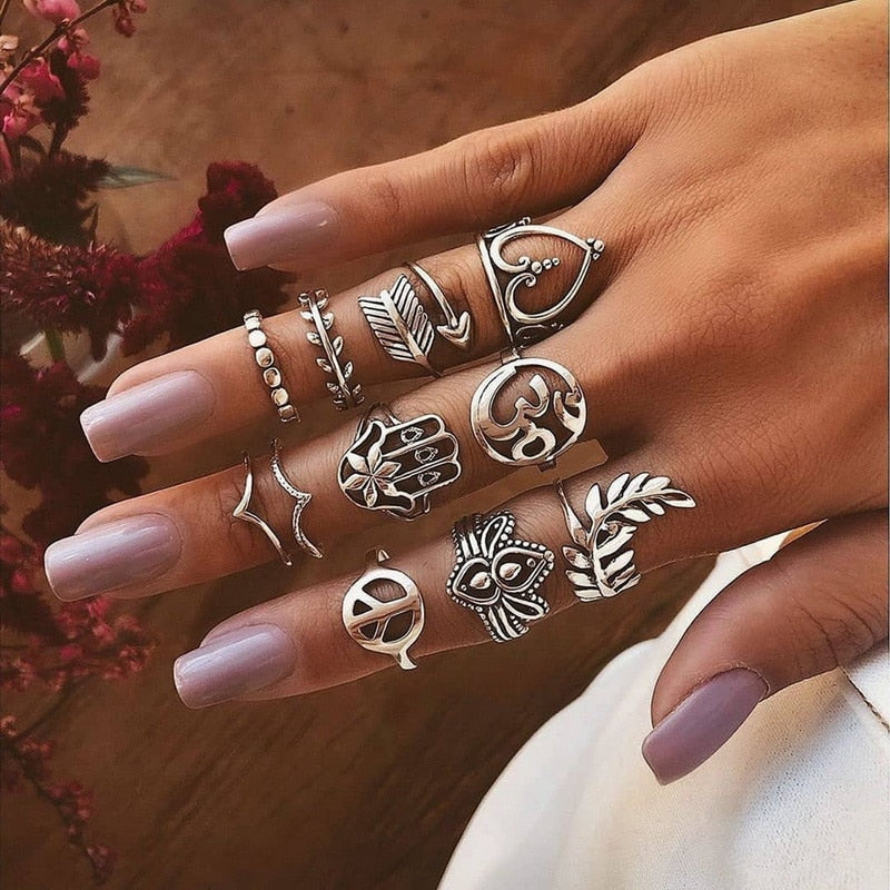 Bohemian Gold Chain Rings Set For Women Fashion Boho Coin Moon Heart Butterfly Rings Party 2022 Trend Jewelry Gift