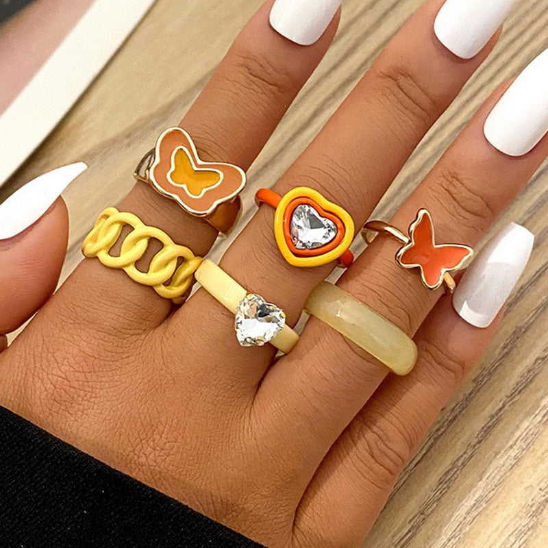 Bohemian Gold Chain Rings Set For Women Fashion Boho Coin Moon Heart Butterfly Rings Party 2022 Trend Jewelry Gift