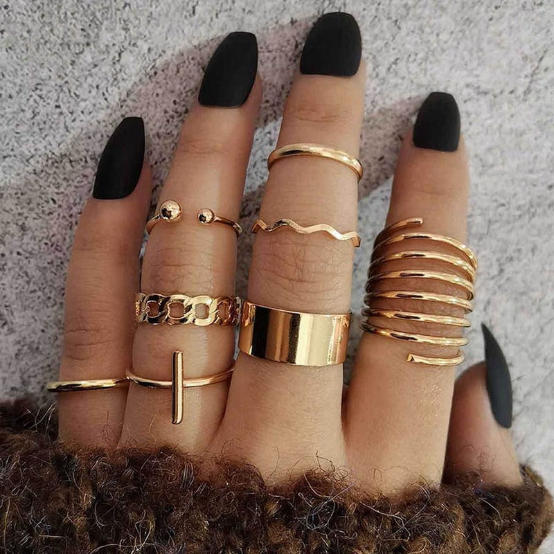 Bohemian Gold Chain Rings Set For Women Fashion Boho Coin Moon Heart Butterfly Rings Party 2022 Trend Jewelry Gift