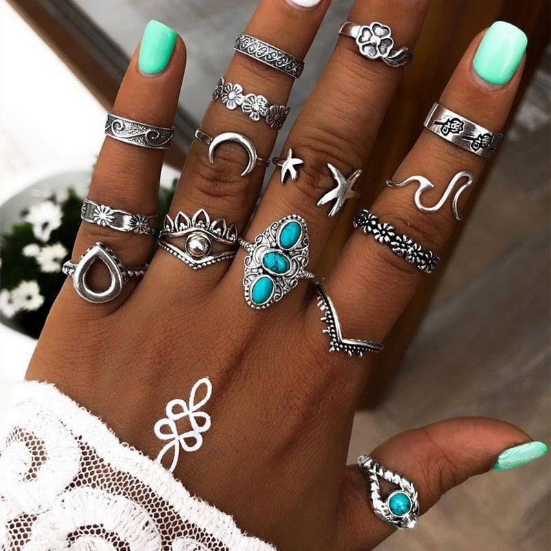 Bohemian Gold Chain Rings Set For Women Fashion Boho Coin Moon Heart Butterfly Rings Party 2022 Trend Jewelry Gift