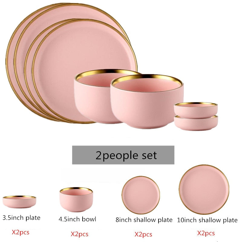 Gilt Rim Pink Porcelain Dinner Plate Set Kitchen Plate Ceramic Tableware Food Dishes Rice Salad Noodles Bowl Mug Cutlery Set 1pc