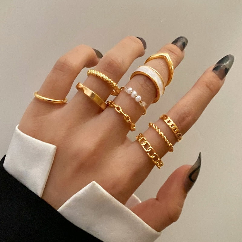 Bohemian Gold Chain Rings Set For Women Fashion Boho Coin Moon Heart Butterfly Rings Party 2022 Trend Jewelry Gift