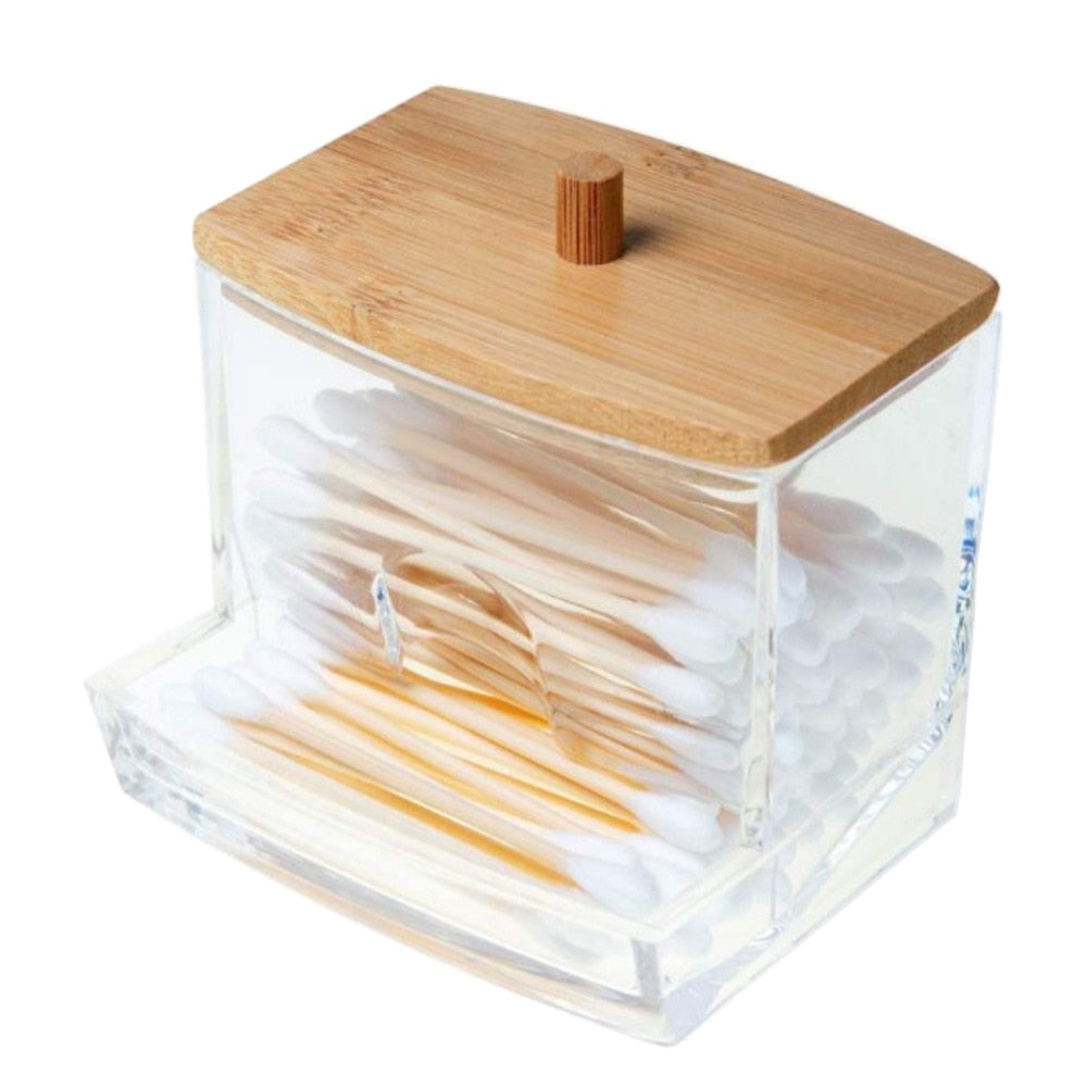 Cotton Swab Organizer Storage Bamboo Cover Acrylic Round Organizer Boxes Makeup Storage Box Plastic Container with Bamboo Lid