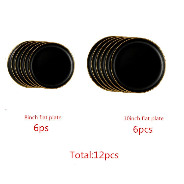 Gilt Rim Black Porcelain Dinner Plates Kitchen Dishes Ceramics Tableware Food Tray Rice Salad Noodles Bowl Cutlery Set