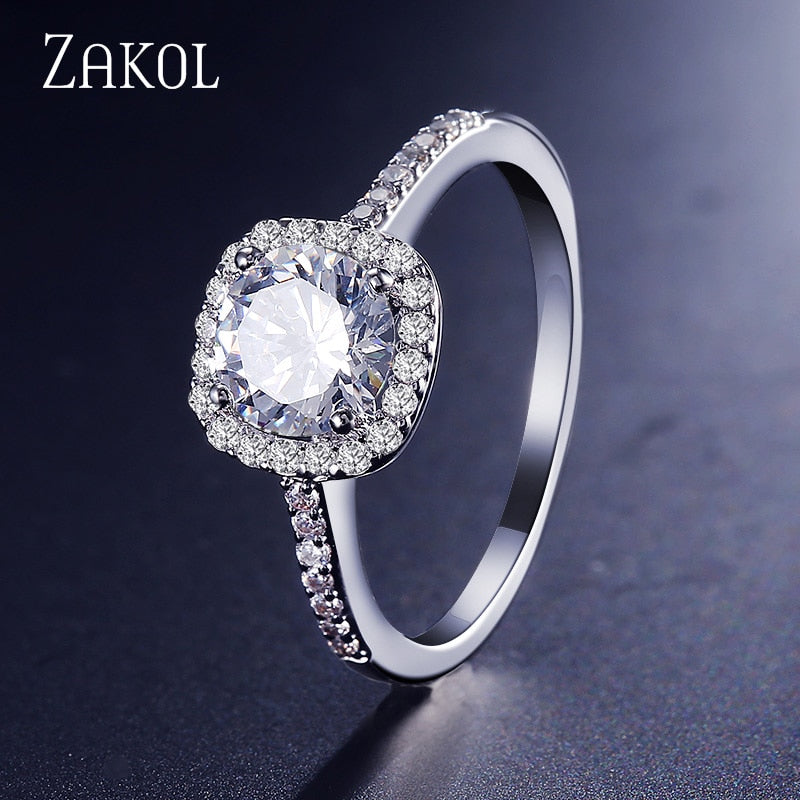 ZAKOL Round CZ Wedding Rings for Women White Color Jewelry Luxury Rings Engagement Square Bague Zirconia Accessories FSSP3063